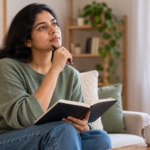 Person sitting thoughtfully with a notebook, trying to understand repeated worries and habits