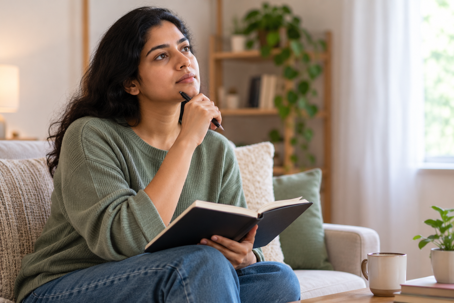 Person sitting thoughtfully with a notebook, trying to understand repeated worries and habits