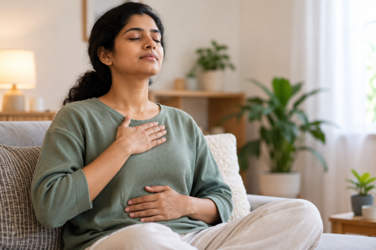 Person sitting calmly with a hand on their chest, taking a slow breath to ease anxiety