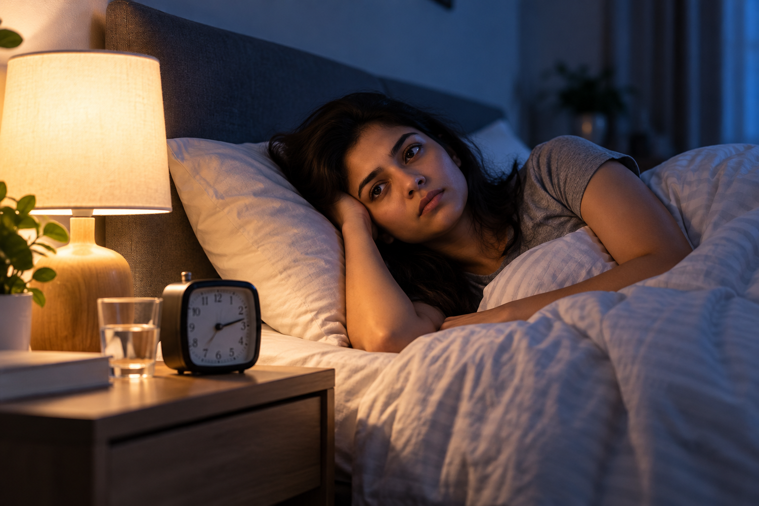 Person lying awake in bed at night with a bedside lamp, unable to sleep