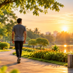 Person walking in a park at sunrise, enjoying a calm routine for mental health