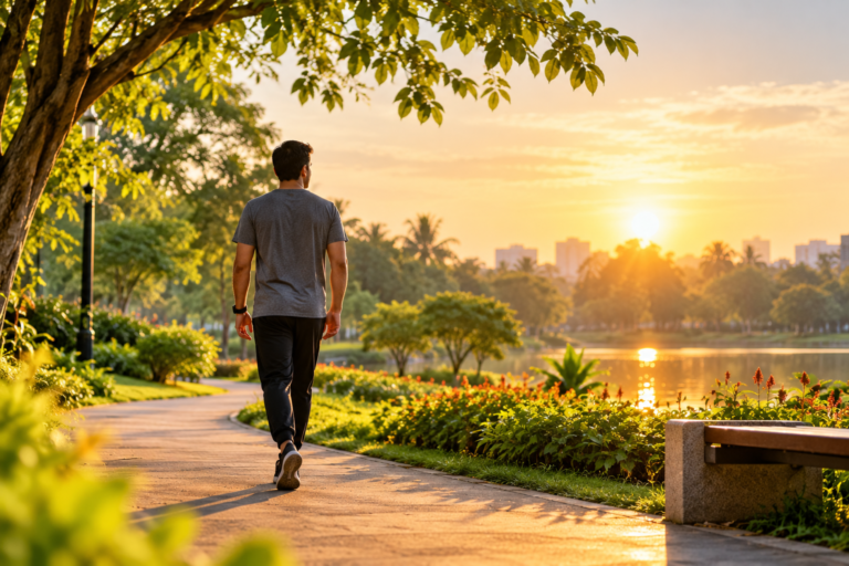 Person walking in a park at sunrise, enjoying a calm routine for mental health