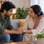 Two family members holding hands while talking about getting help for drug addiction
