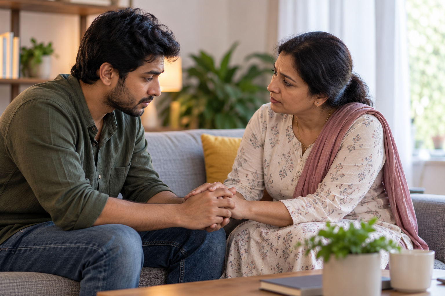Two family members holding hands while talking about getting help for drug addiction