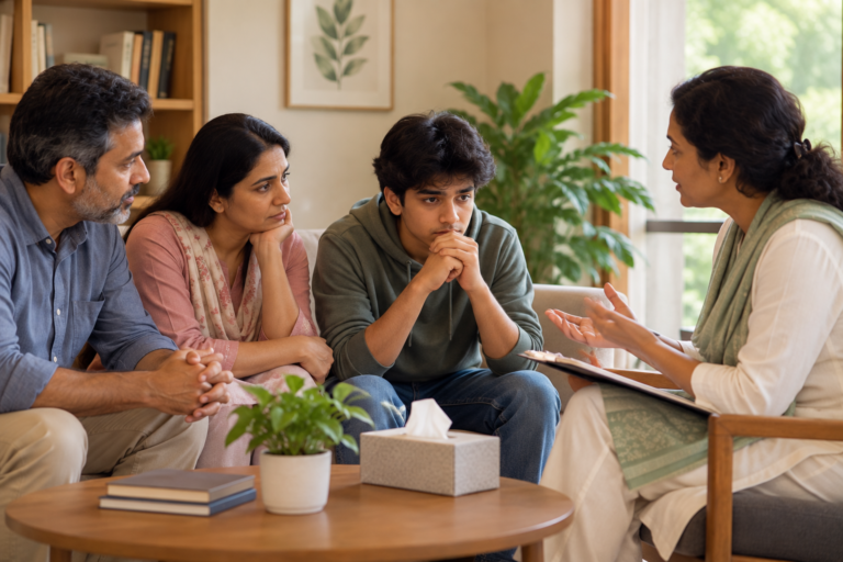 Parent and teenager in a family therapy session with a counsellor