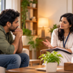 Counsellor and patient in a therapy session at a calm rehabilitation centre