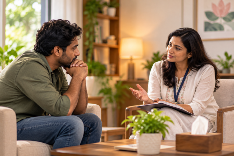 Counsellor and patient in a therapy session at a calm rehabilitation centre