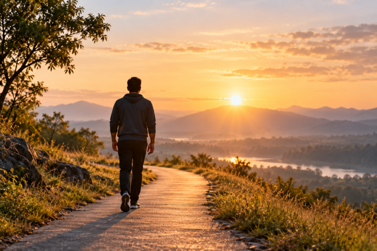 Person walking along a quiet path at sunrise, symbolising recovery from addiction