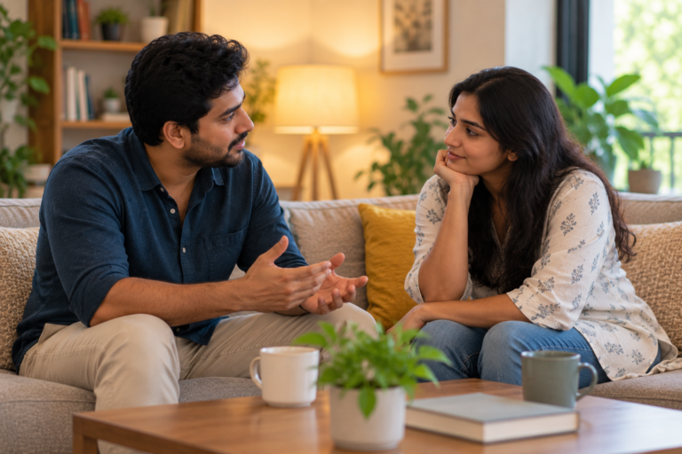 Couple talking openly and calmly at home