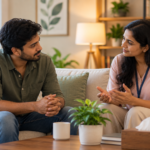 Two people talking calmly and supportively on a sofa