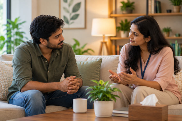 Two people talking calmly and supportively on a sofa