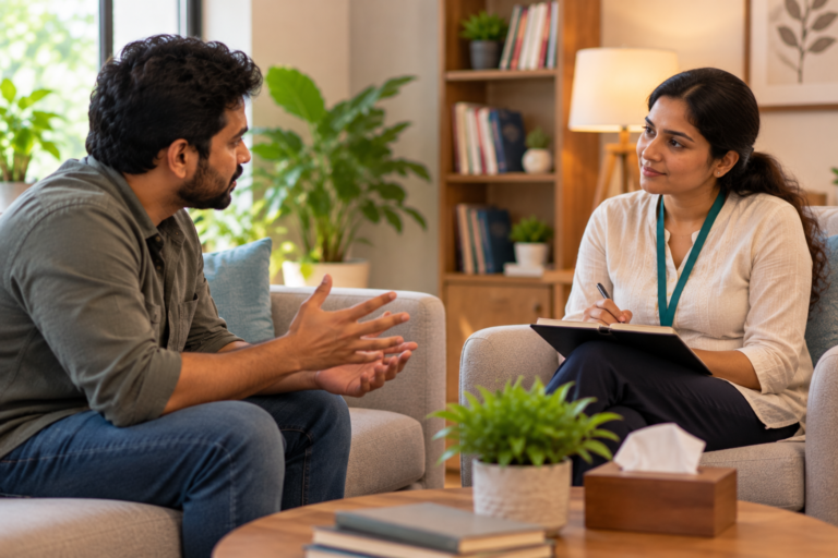 Person talking with a counsellor in a calm, supportive setting