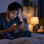 Young person looking worried while using a phone late at night