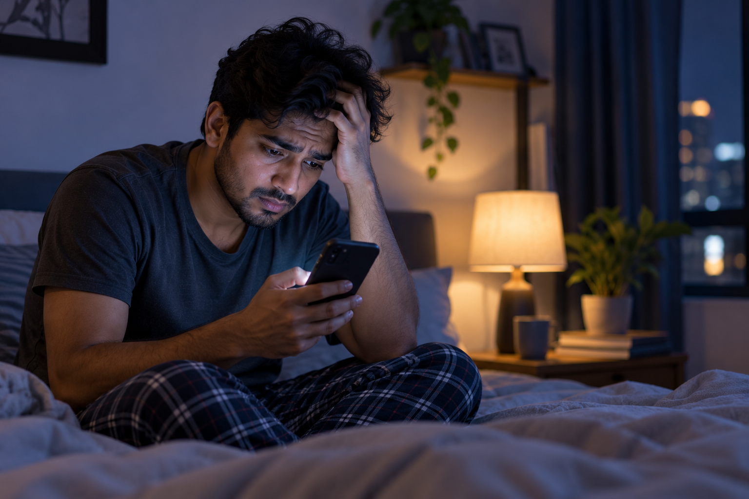 Young person looking worried while using a phone late at night